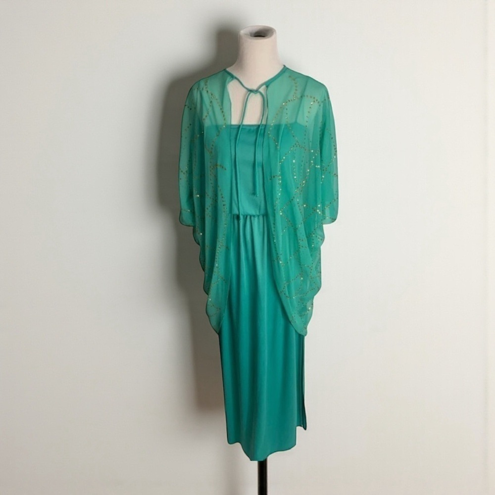 Vintage 70's Green Shift Dress with Chiffon Jacket Party Prom Maxi